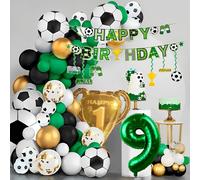 Sjzg-Décoration D'anniversaire Football Pour Enfants 9 Ans. Ballons De Football 9 Ans. Décoration Football 9 Ans Avec Trophée Doré Champion Et Bannière Happy Birthday. Lot De 142 Ballons D'anniversai