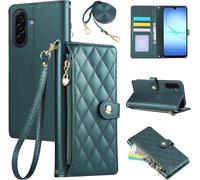 Sjzg-Étui Pour Samsung Galaxy A17 5g 2025 6.7 Pouces, Coque Pour Téléphone Portable En Cuir Pu Avec Broderie En Losange, Galaxy A17 Étui À Rabat Avec Dragonne Et Bandoulière, Vert