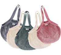 SJZG-Filet Provision En Maille,5 Sacs De Courses Réutilisables En Maille De Coton Avec Serrage,Cabas En Coton Tissé Portables Et Lavables Avec Longue Poignée Pour Fruits Et Légumes (4 Couleurs)