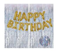 Sjzg-Gold Foil Guirlande De Bannière Happy Birthday Avec 2 Rideaux En Métal Doré 1 X 2 M Pour Femme Homme Enfant Décoration D'anniversaire Doré Argenté