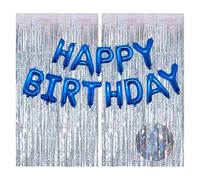 Sjzg-Guirlande De Bannière Happy Birthday En Feuille Bleue Avec 2 Rideaux En Métal Doré 1 X 2 M Pour Femme, Homme, Enfant, Décoration D'anniversaire Doré Et Bleu