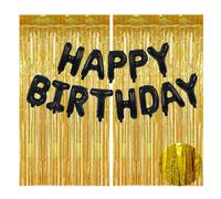 Sjzg-Guirlande De Bannière Happy Birthday En Feuille Noire Avec 2 Rideaux En Métal Doré 1 X 2 M Pour Femme Et Homme Décoration D'anniversaire Noir Or