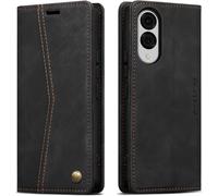 Sjzg-Hülle Für Samsung Galaxy S25 Edge, Vintage Dünne Handyhülle Mit Kartenfach Geld Slot Ständer Pu Ledertasche Tpu Bumper Wallet Case Flip Schutzhülle Kompatibel Mit S25 Edge - Retro Schwarz