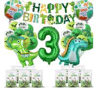 Sjzg-Lot De 32 Décorations D'anniversaire Dinosaures De 3 Ans - Décoration D'anniversaire D'enfant - Dinosaure - Avec Ballon En Aluminium - Bannière Happy Birthday - Sacs Cadeaux Pour Dinosaures