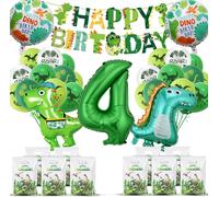 Sjzg-Lot De 32 Décorations D'anniversaire Dinosaures De 4 Ans - Décoration D'anniversaire D'enfant - Dinosaure - Avec Ballon En Aluminium - Bannière Happy Birthday - Sacs Cadeaux Pour Dinosaures
