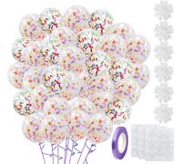 SJZG-Lot De 60 Ballons À Confettis, Ballons De 30,5 Cm, Ballons Multicolores Avec Confettis Avec Ruban De 10 M, 3 Feuilles De Pastilles Adhésives, 6 Pinces À Fleurs De Prunier, Pour Anniversaire, Mar