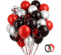 SJZG-Lot De 60 Ballons Rouges Et Noirs De 30 Cm - Confettis Argentés Métallisés - En Latex - 1 Rouleau De Ruban Noir - Pour Anniversaire, Mariage, Remise De Diplôme, Nouvel An