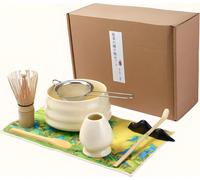 Sjzg-Set De Thé Matcha 8 Pièces, Kit Cérémonie Du Thé Style Dynastie Song Avec Bol, Fouet En Bambou, Support - En Céramique Et Bambou (Couleur Jaune Crème)