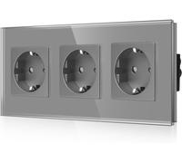 Sjzg-Triple Prise Schuko Encastrée En Verre - Gris - Triple Prise Schuko Avec Sécurité Enfant - Contact De Protection 16 A - Prise Murale Avec Cadre En Verre