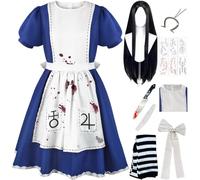 SJZZXU Costume de Cosplay Alicemadness Returns tenue de Femme de Chambre Bleue avec Perruque Collier Accessoires Costume de fête de Carnaval d'Halloween (Bleu 1+ Perruque, XS)