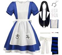 SJZZXU Costume de Cosplay Alicemadness Returns tenue de Femme de Chambre Bleue avec Perruque Collier Accessoires Costume de fête de Carnaval d'Halloween (Bleu 2+ Perruque, XS)