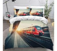 SK-YBB Housse de Couette 140x200 Enfant City Train Parure de Lit 1 Personne Garçon Fille Tramway à Roues Libres Tram Housses de Couette 3D 3 Pièces avec Fermeture Éclair 2 Taies d'oreiller 65x65cm