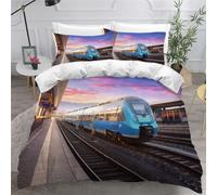 SK-YBB Housse de Couette 140x200 Enfant City Train Parure de Lit 1 Personne Garçon Fille Tramway à Roues Libres Tram Housses de Couette 3D 3 Pièces avec Fermeture Éclair 2 Taies d'oreiller 65x65cm