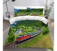 SK-YBB Parure de Lit 220x240 Adulte City Train Housse de Couette 2 Places Enfant Filles Garcons Tramway à Roues Libres Tram Ensemble de Literie 220x240 +2 taies d'oreiller 65x65