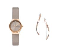 Skagen Femme Freja Lille Gris Cuir Montre and Kariana Rose Doré Acier Inoxydable Boucles d'oreilles, Coffret