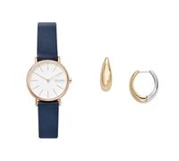 Skagen Femme Montre Signatur Lille en Cuir Bleu et Boucles d’Oreilles Linje Modern en Acier Inoxydable Bicolore, Set