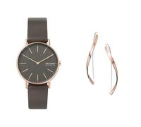 Skagen Femme Signatur Gris Cuir Montre and Kariana Rose Doré Acier Inoxydable Boucles d'oreilles, Coffret