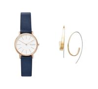 Skagen Femme Signatur Lille Bleu Cuir Montre and Kariana Doré Acier Inoxydable Boucles d'oreilles, Coffret