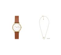 Skagen Femme Signatur Lille Marron Cuir Montre and Doré Acier Inoxydable Coffret Cadeau