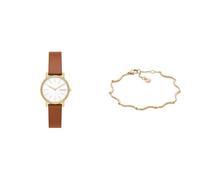 Skagen Femme Signatur Lille Marron Cuir Montre and Essential Waves Doré Acier Inoxydable Bracelet, Coffret