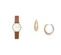 Skagen Femme Signatur Lille Marron Cuir Montre and Linje Modern Bicolore Acier Inoxydable Boucles d'oreilles, Coffret