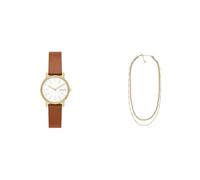 Skagen Femme Signatur Lille Marron Cuir Montre and Merete Doré Acier Inoxydable Collier, Coffret