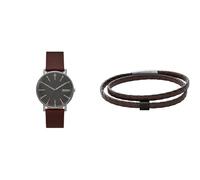 Skagen Homme Signatur Rouge Cuir Montre and Hulsten Argenté Acier Inoxydable Bracelet, Coffret