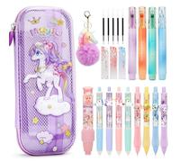 SKAMORI Fournitures Scolaires Aesthetic avec Trousse Transparente et 20+ Papeterie Kawaii, 4 Surligneurs|4 Stylo Gel| 4 Porte-Mines, Licorne Cadeau de Kit Papeterie Fille 7/8/9/10/11/12 Ans, Violet