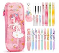 SKAMORI Fournitures Scolaires Aesthetic avec Trousse Transparente et 20+ Papeterie Kawaii, 4 Surligneurs|4 Stylo Gel| 4 Porte-Mines, Licorne Cadeau de Kit Papeterie Fille 7/8/9/10/11/12 Ans, Rose