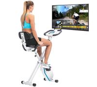 Skandika Foldaway X-1000 PLUS - Vélo appartement en X pliable avec dossier - 8 niveaux de resistance - Jusqu'à 130 KG - Bluetooth (Blanc/Bleu)
