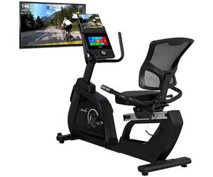 Skandika P14 Comfort Ergomètre couché | Vélo d'appartement avec écran tactile, ordinateur multimédia, 32 niveaux de résistance, jusqu'à 150 kg et 190 cm, Bluetooth, connectivité App | Vélo de fitness