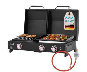 Skandika Plancha Grill Eldur 3 brûleurs Plus | Grill plancha au gaz avec couvercle, 3 brûleurs, barbecue à gaz portable pour l'extérieur, camping | Barbecue de balcon, bbq