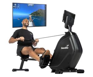 Skandika Rameur d'appartement Pliable Munin, 16 Niveaux de Résistance, Freinage Magnétique, Masse d'inertie 8kg, Écran LCD, Support Tablette/Smartphone, Rameur Musculation, Kinomap, Max 135KG