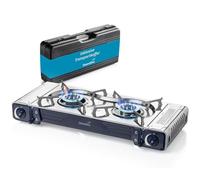 Skandika Réchaud à gaz Brann | 2 feux, réchaud de camping portable pour cartouches de gaz MSF-1A 227 g, acier inoxydable, puissance réglable, allumage PIEZO, mallette en plastique | Camping Grill