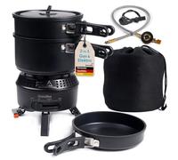 Skandika Réchaud de camping Rask | Fonctionne à l'électricité ou au gaz, allumage piézoélectrique, set avec casserole, poêle, sac | Réchaud à gaz, électrique, plein air, portable