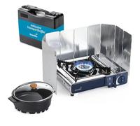 Skandika Set Réchaud à gaz Brann | 1 feu, réchaud de camping pour cartouches de gaz MSF-1A 227 g, acier inoxydable, puissance réglable, allumage PIEZO, mallette, pare-vent, casserole | Camping Grill