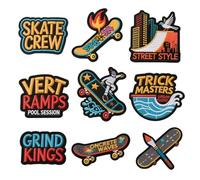 Skate Crew Lot de 9 écussons thermocollants Collection Urban Street Style Motifs brodés avec rampe verte Trick Masters Grind Kings