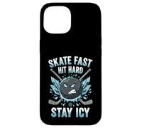 Skate Fast Hit Hard Stay Icy Angry Hockey Puck Art Coque pour iPhone 15