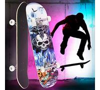 Skateboard Complet pour Enfants, Adolescents et Adultes, débutants, Double Kick Maple Deck Concave Cruiser Skateboard avec Outil en T,79 * 19.5 * 9.5cm (Motif tête de Mort)