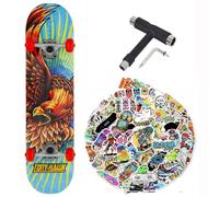 Skateboard complet Tony Hawk professionnel série débutant 7,75" + outil polyvalent + 50 autocollants brillants (Golden Hawk 7,75 - Tool - 50 Sticks, 7,75)