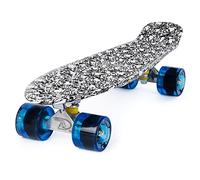 Skateboard LAND SURFER® Rétro Cruiser avec planche à motif tricolore 56 cm - Roulements ABEC-7 - Roues de 59 mm en polyuréthane + sac de transport - Planche avec des dessins de crânes / roues bleues transparentes