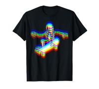 Skateboard Trippy Skull Glitch Art EDM Style Skeleton Skater T-Shirt