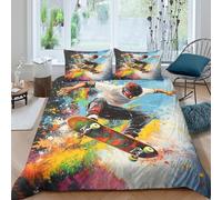 Skateboarder in Action Parure de Lit Microfibre 3 Pièces Imprimé en 3D Facile d'entretien Urban Street Art Housse de Couette avec Taie d'oreiller Hypoallergique for Adultes Enfants Single（135x200cm）