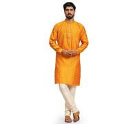 SKAVIJ Broderie Kurta Pyjama et Echarpe Tenue Indienne Homme (Or, S)