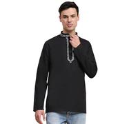 SKAVIJ Chemise Homme - Kurta en Coton - Chemises Décontractées Brodées Noir M