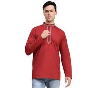 SKAVIJ Chemise Homme - Kurta en Coton - Chemises Décontractées Brodées Rouge M