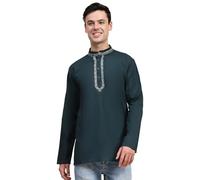 SKAVIJ Chemise Homme - Kurta en Coton - Chemises Décontractées Brodées (Vert, XL)