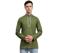 SKAVIJ Chemise pour Hommes - Kurta en Coton - Chemises Décontractées à Manches Courtes (Olive Verte, M)