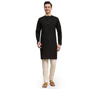 SKAVIJ Homme Coton Kurta Pyjama Indian Casual Tenue (Noir, Medium)