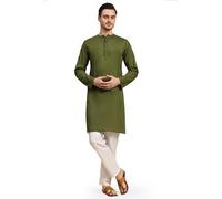 SKAVIJ Homme Coton Kurta Pyjama Indian Casual Tenue (Olive Verte, M)